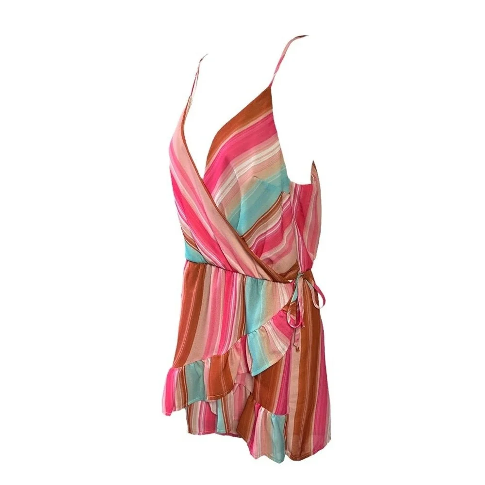 Peach Love California Romper M Multicolor Stripe‎ Surplice Neck Stretch Playful - Picture 5 of 9